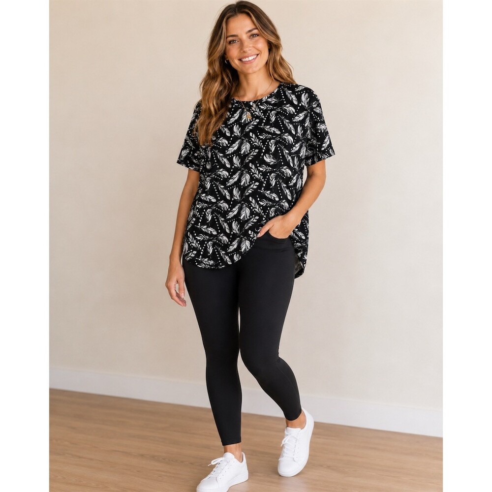 LuLaRoe Irma Tunic Top Womens XS Black Gray White Feather Print Hi-Low
